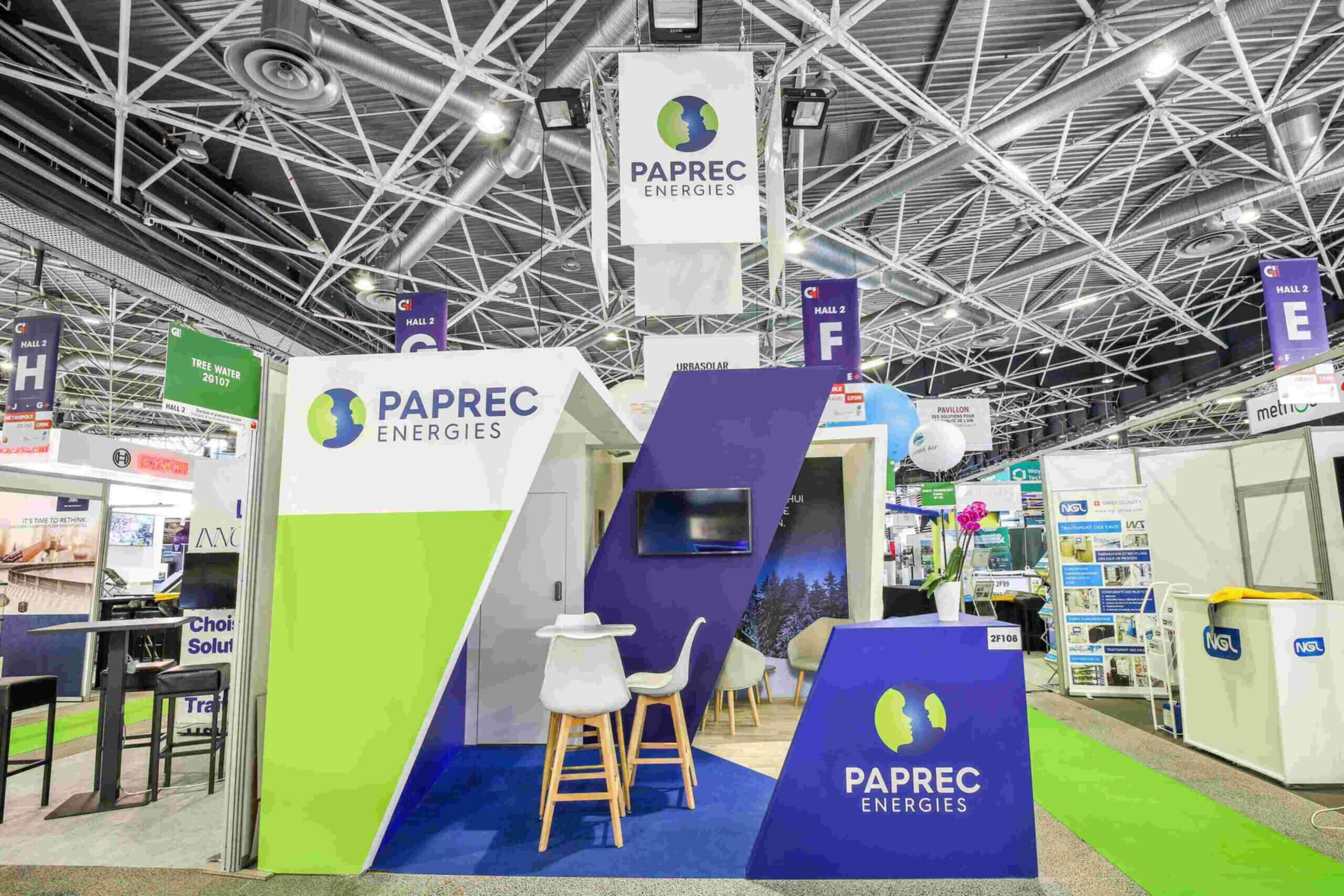 vue de face du stand sur-mesure Paprec Energie au salon Global Industrie 2023